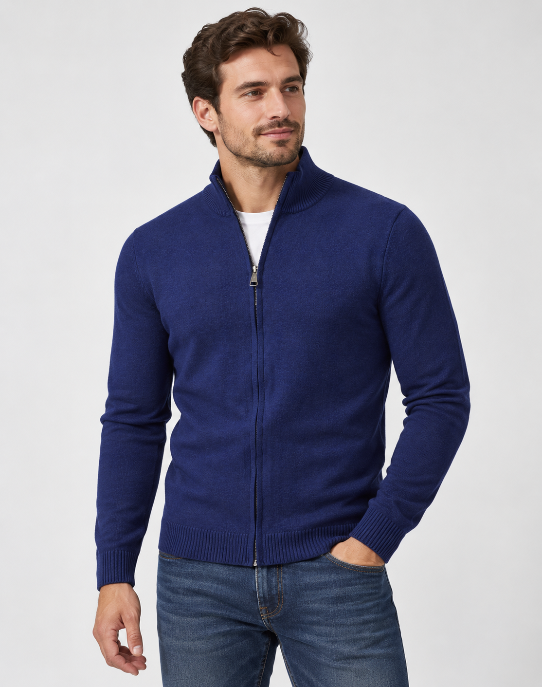 Cardigan da uomo in maglia con cerniera, collo alto e tessuto a coste