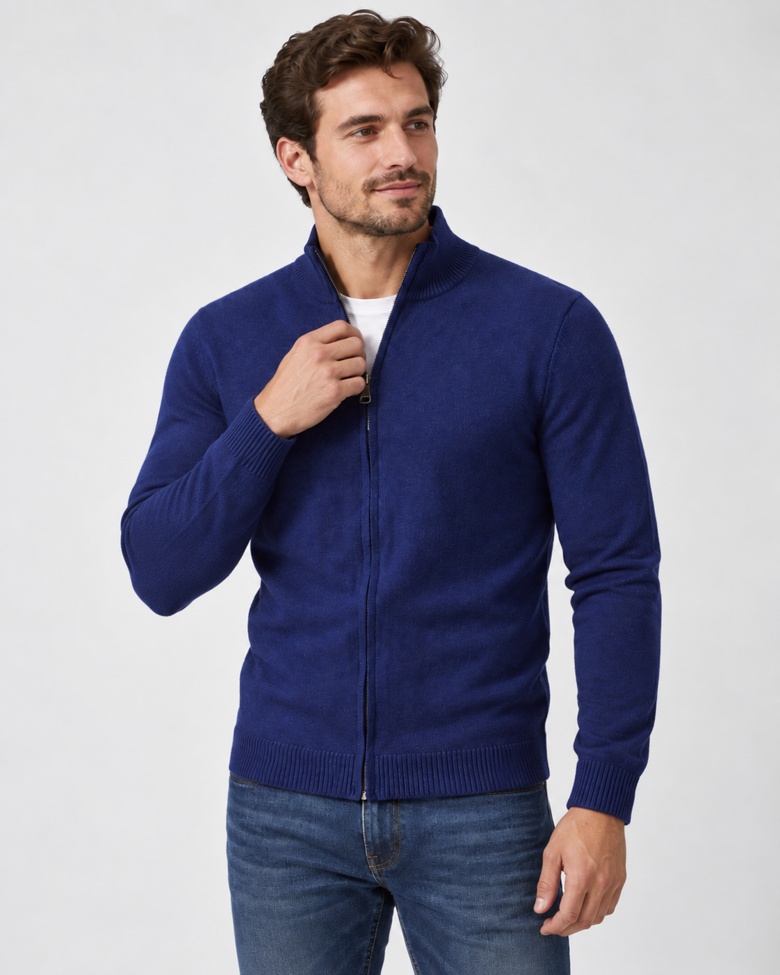 Cardigan da uomo in maglia con cerniera, collo alto e tessuto a coste