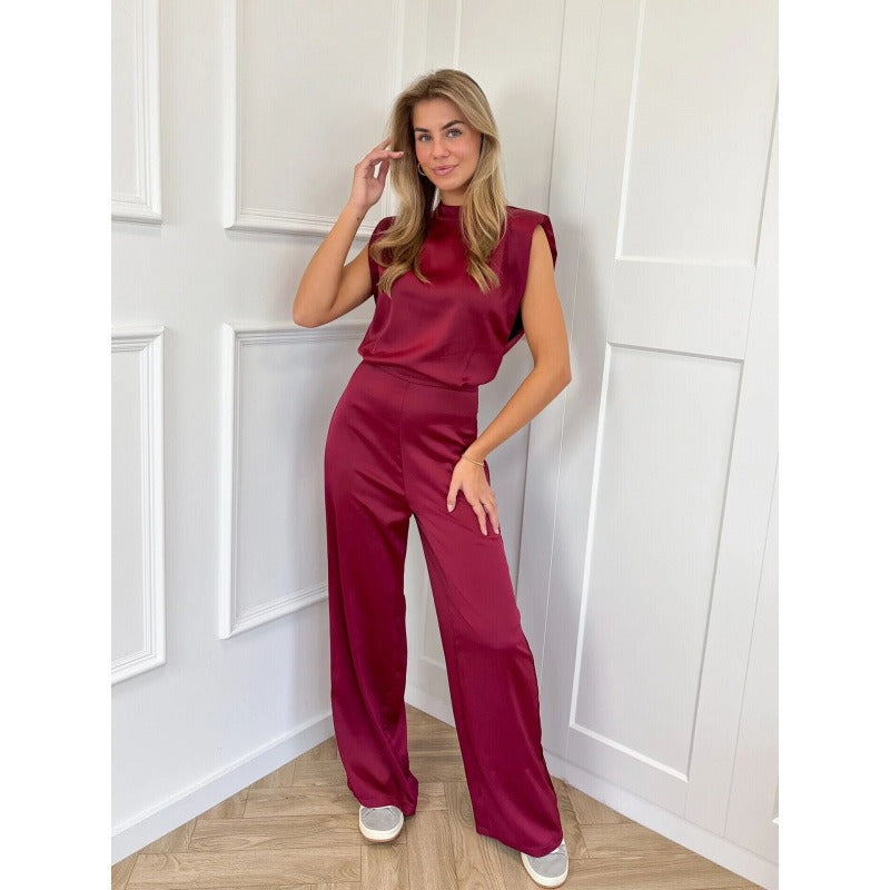Satijnen Jumpsuit voor Dames met Hoge Hals en Wijde Pijpen