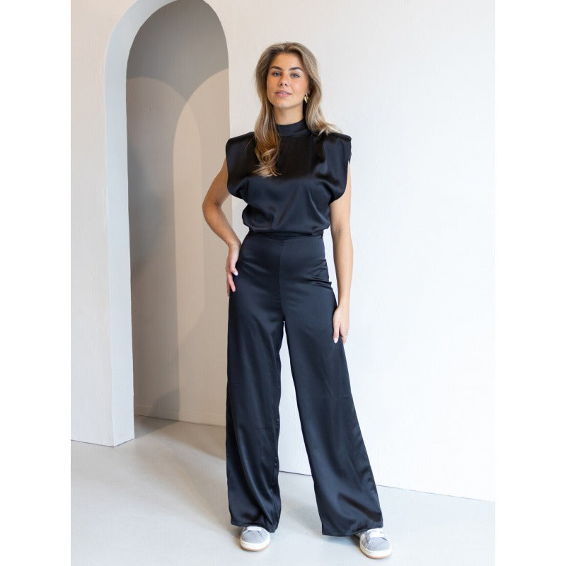 Satijnen Jumpsuit voor Dames met Hoge Hals en Wijde Pijpen