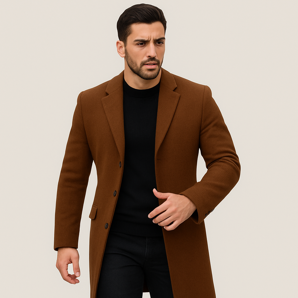 Elegante cappotto lungo da uomo con colletto classico e chiusura con bottoni