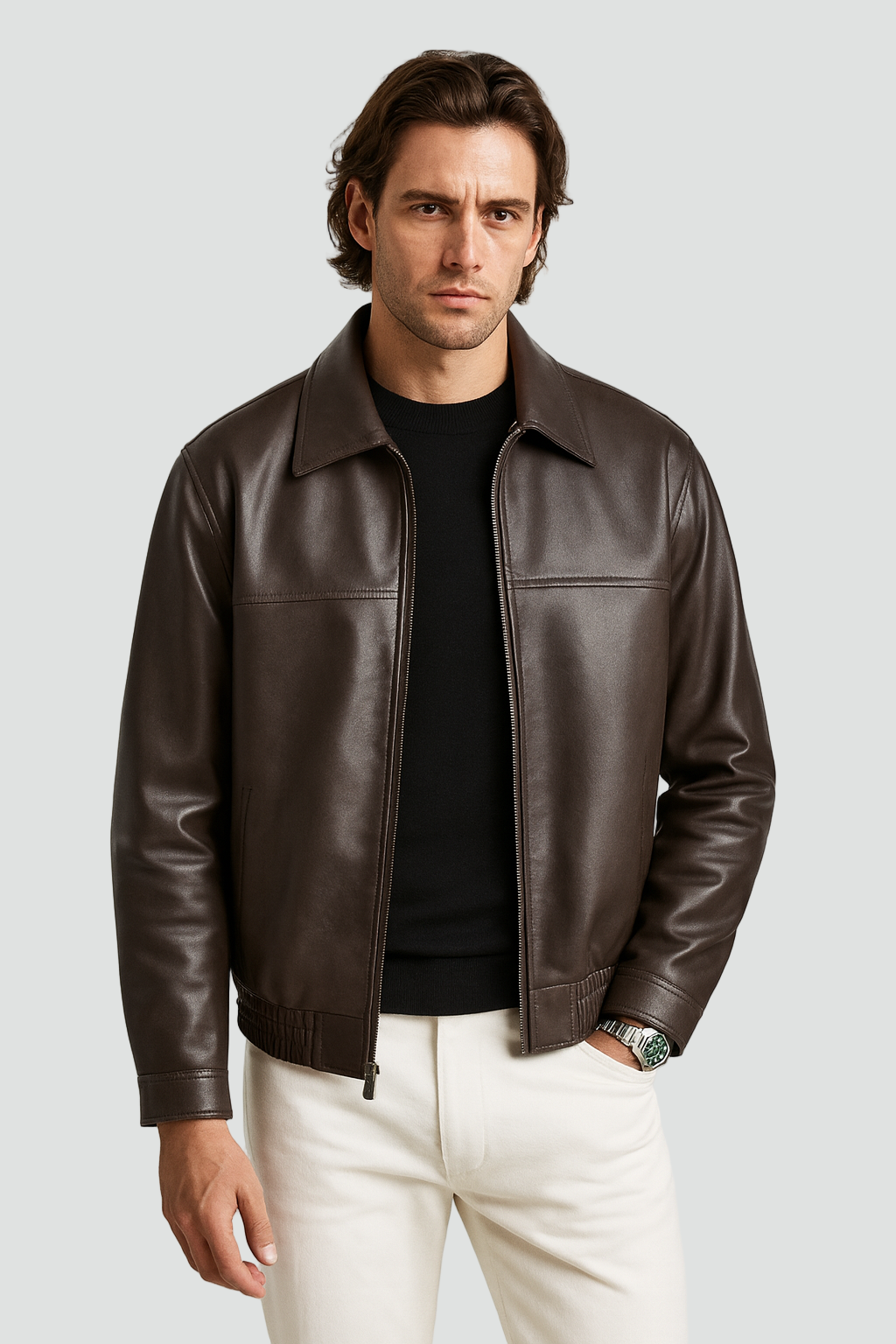 Leren férfi dzseki slim fit, cipzárral, egyenes gallérral