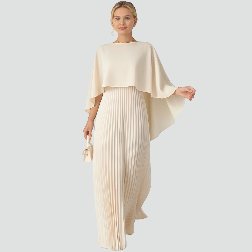 Lang plisseret maxikjole med elegant cape til kvinder