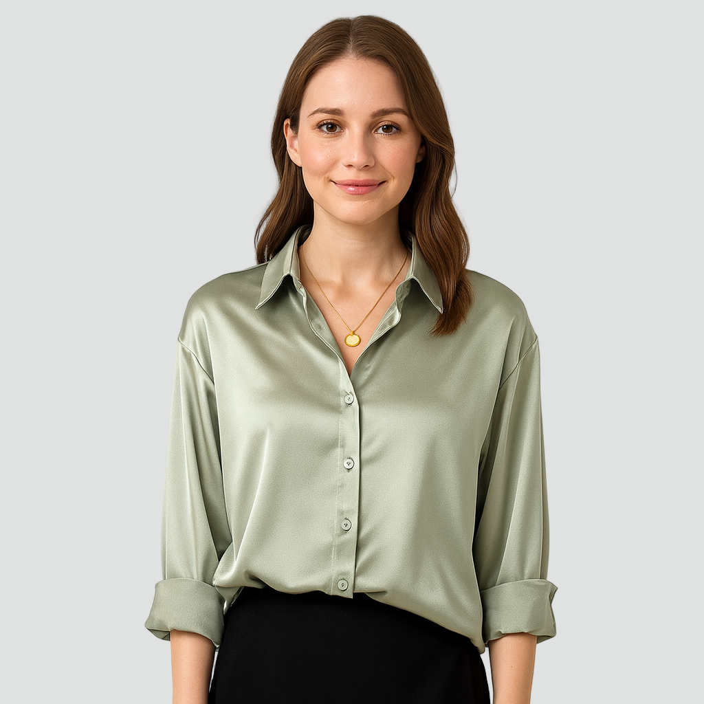 Blusa oversize in raso di lusso da donna con chiusura a bottoni