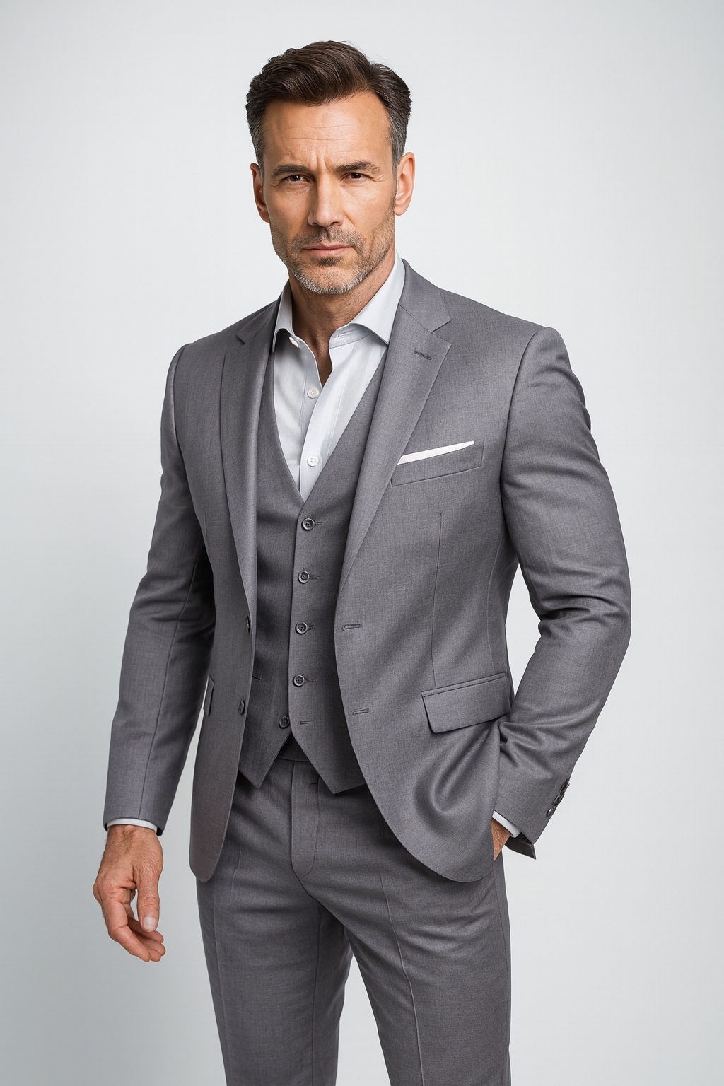 Costume trois pièces élégant homme avec gilet et pantalon slim fit