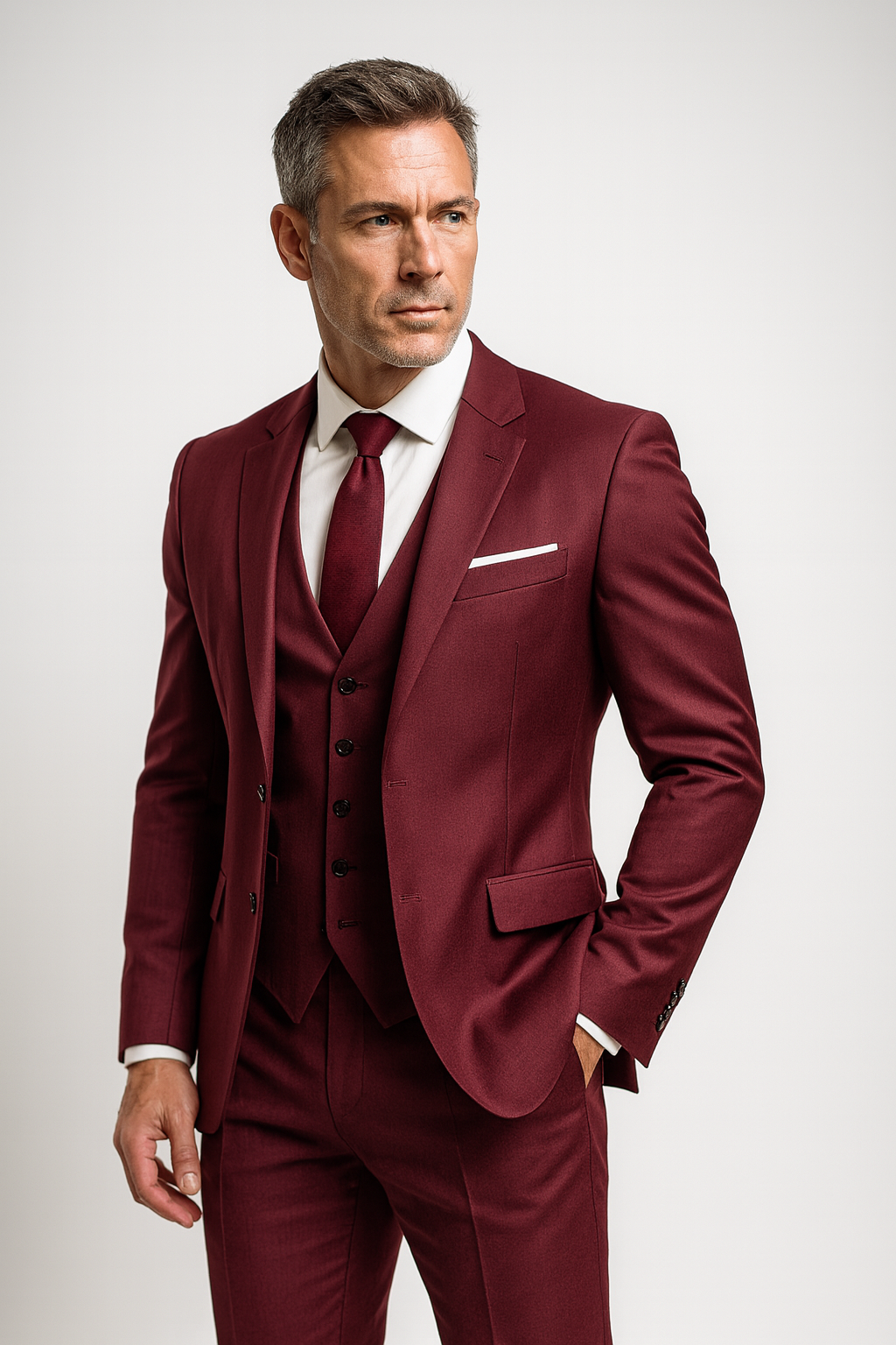 Costume trois pièces élégant homme avec gilet et pantalon slim fit