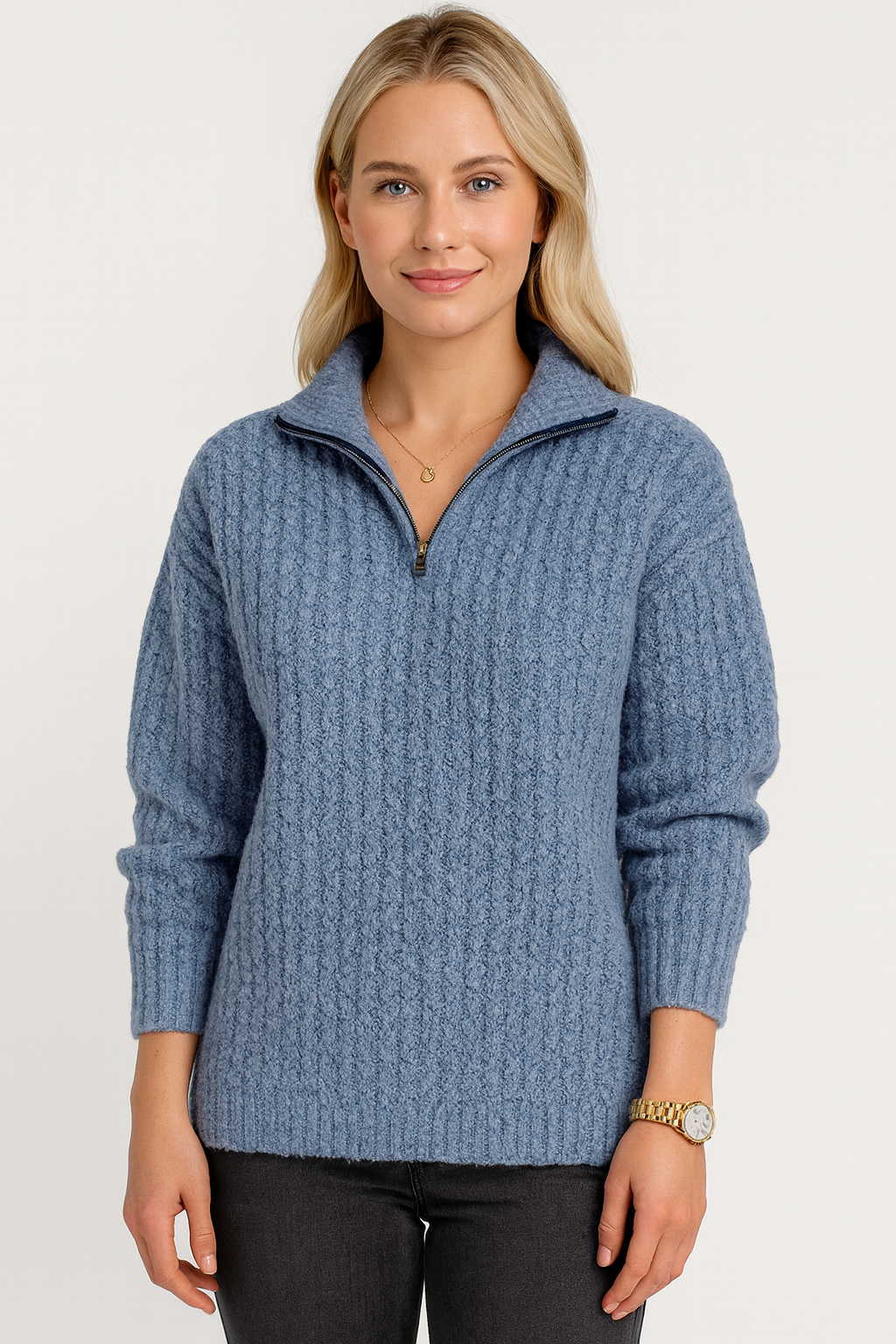 Camisola de malha para senhora com meio fecho e decote em V
