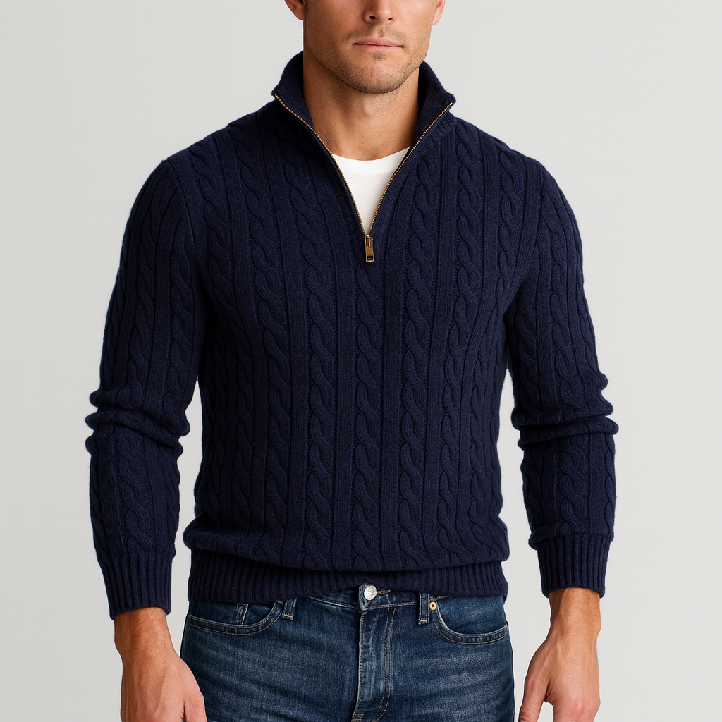 Suéter elegante para hombre de punto con media cremallera y cuello alto