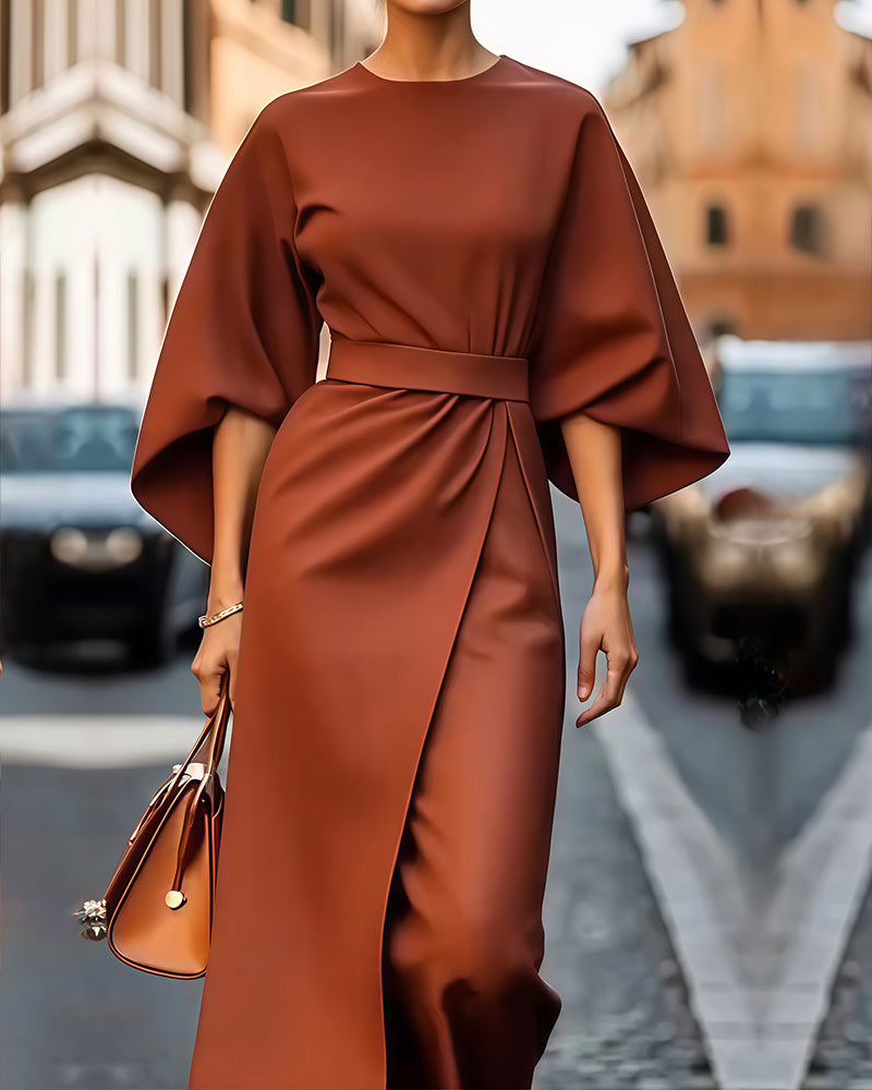 Dames Elegante Midi Jurk met Ceintuur en Wijde Mouwen