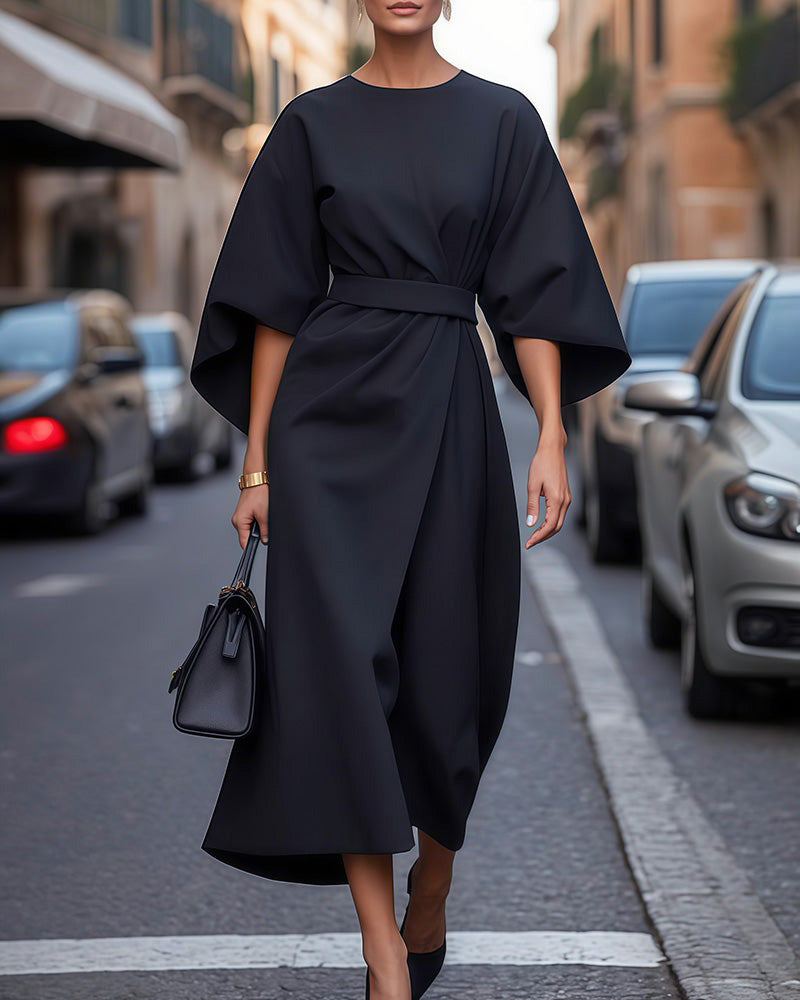 Dames Elegante Midi Jurk met Ceintuur en Wijde Mouwen