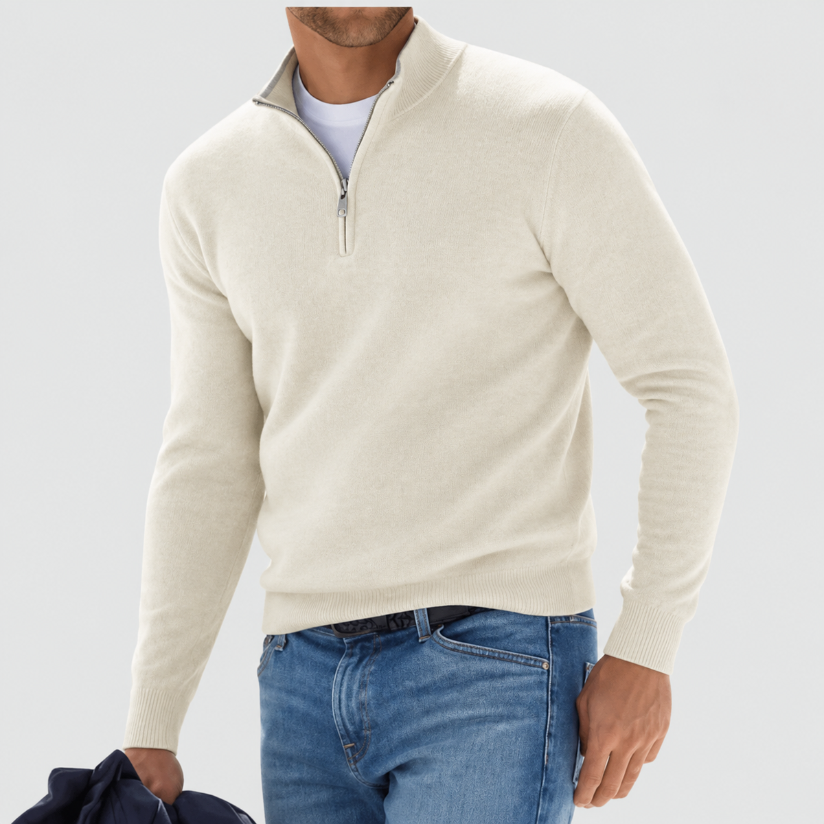Suéter de punto de algodón para hombre con cuello con cremallera, de estilo informal