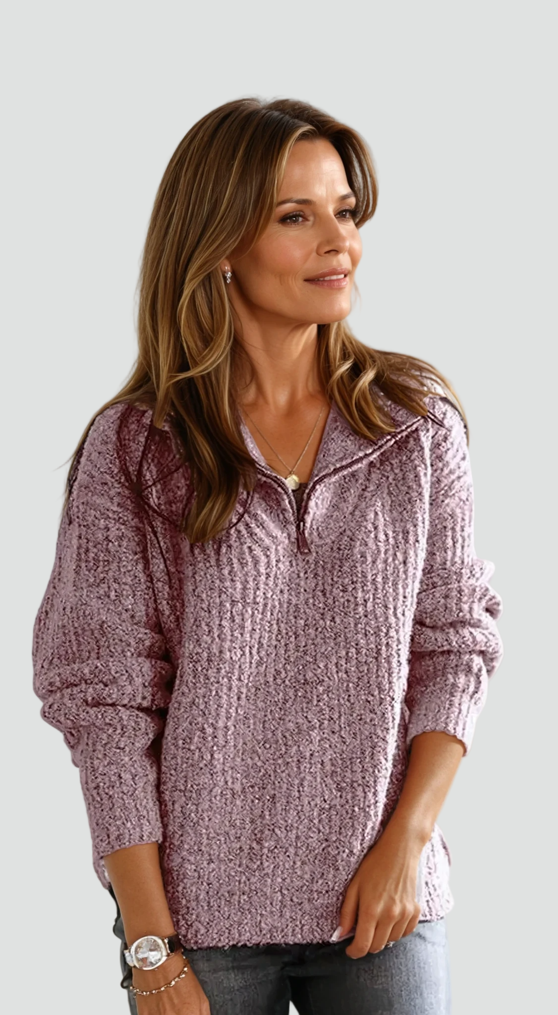 Camisola de malha para senhora com meio fecho e decote em V