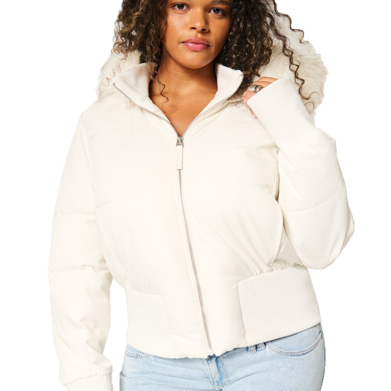 Short Women’s Puffer Jacket with Fur Hood, Zipper, and Lining
