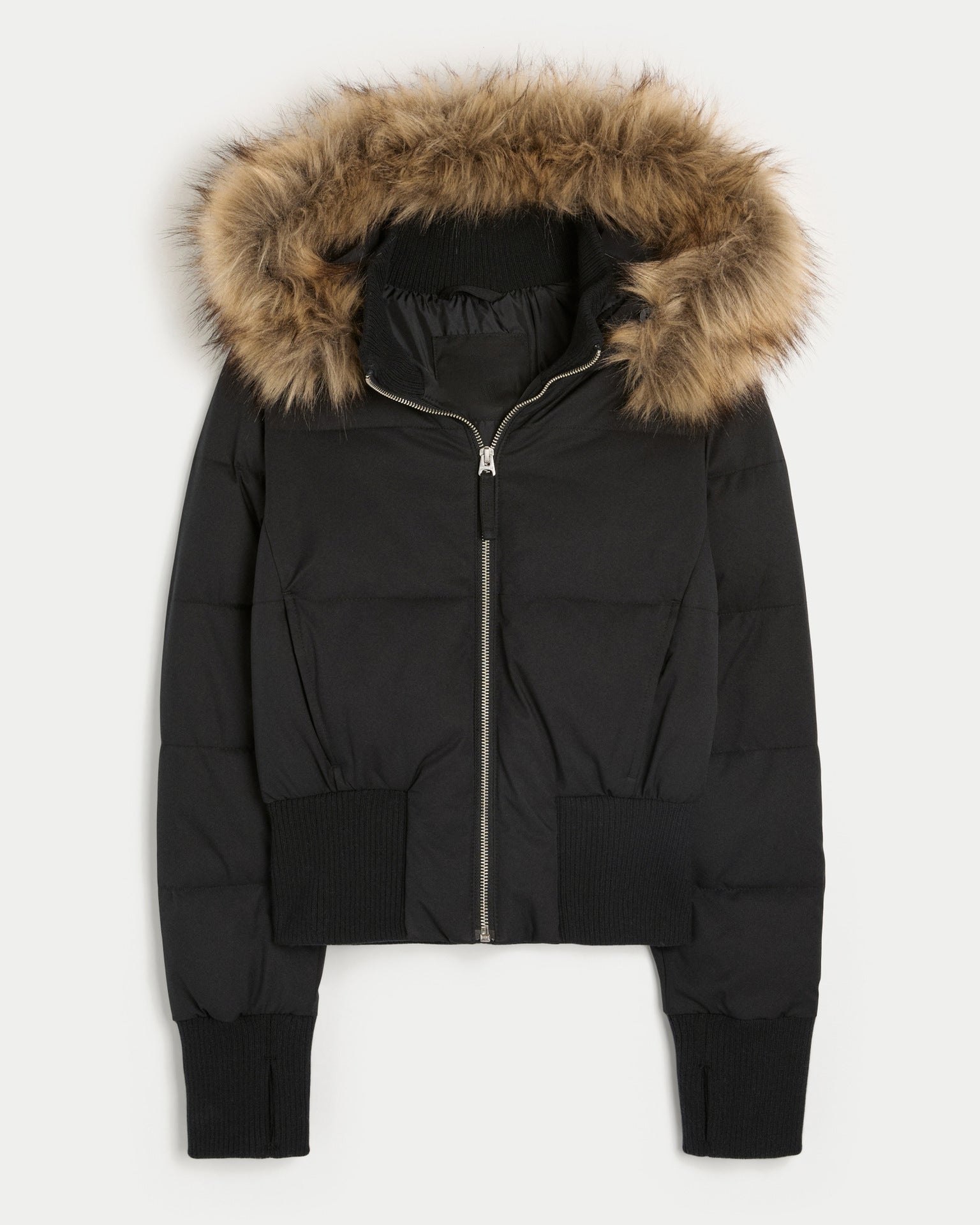Short Women’s Puffer Jacket with Fur Hood, Zipper, and Lining