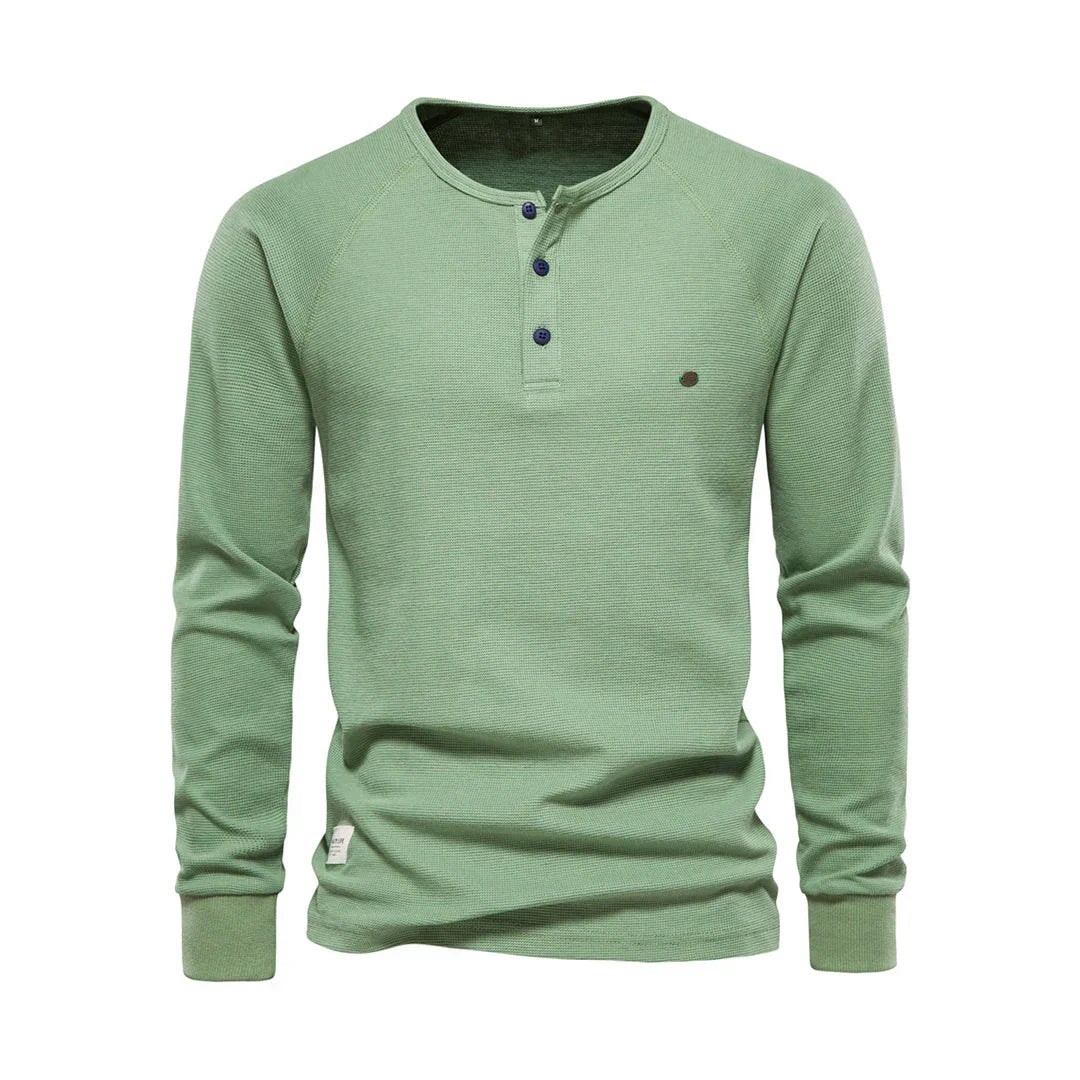 Camisola Henley de homem com mangas compridas, botões, casual e básica para streetwear