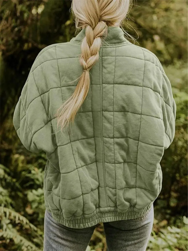 Oversized dame quiltet bomberjakke med lynlås og lommer