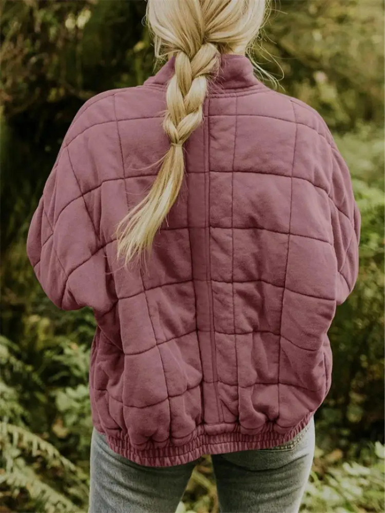 Oversized dame quiltet bomberjakke med lynlås og lommer