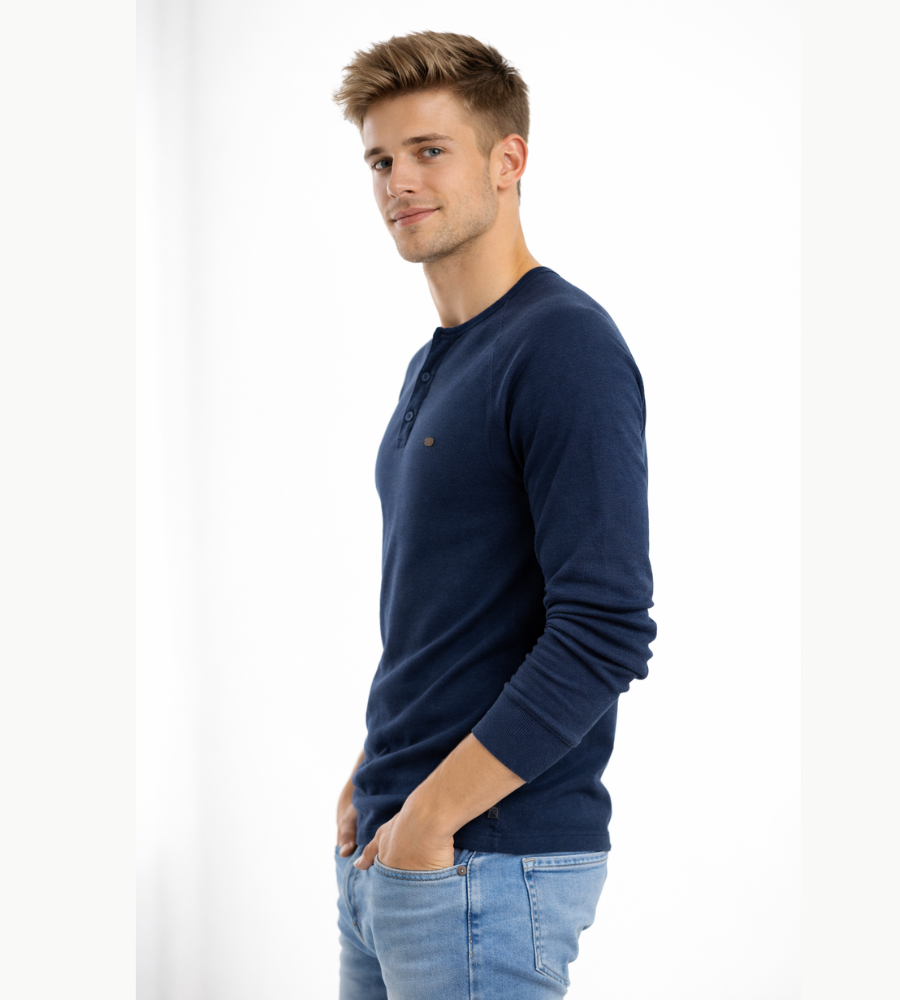 Camisola Henley de homem com mangas compridas, botões, casual e básica para streetwear