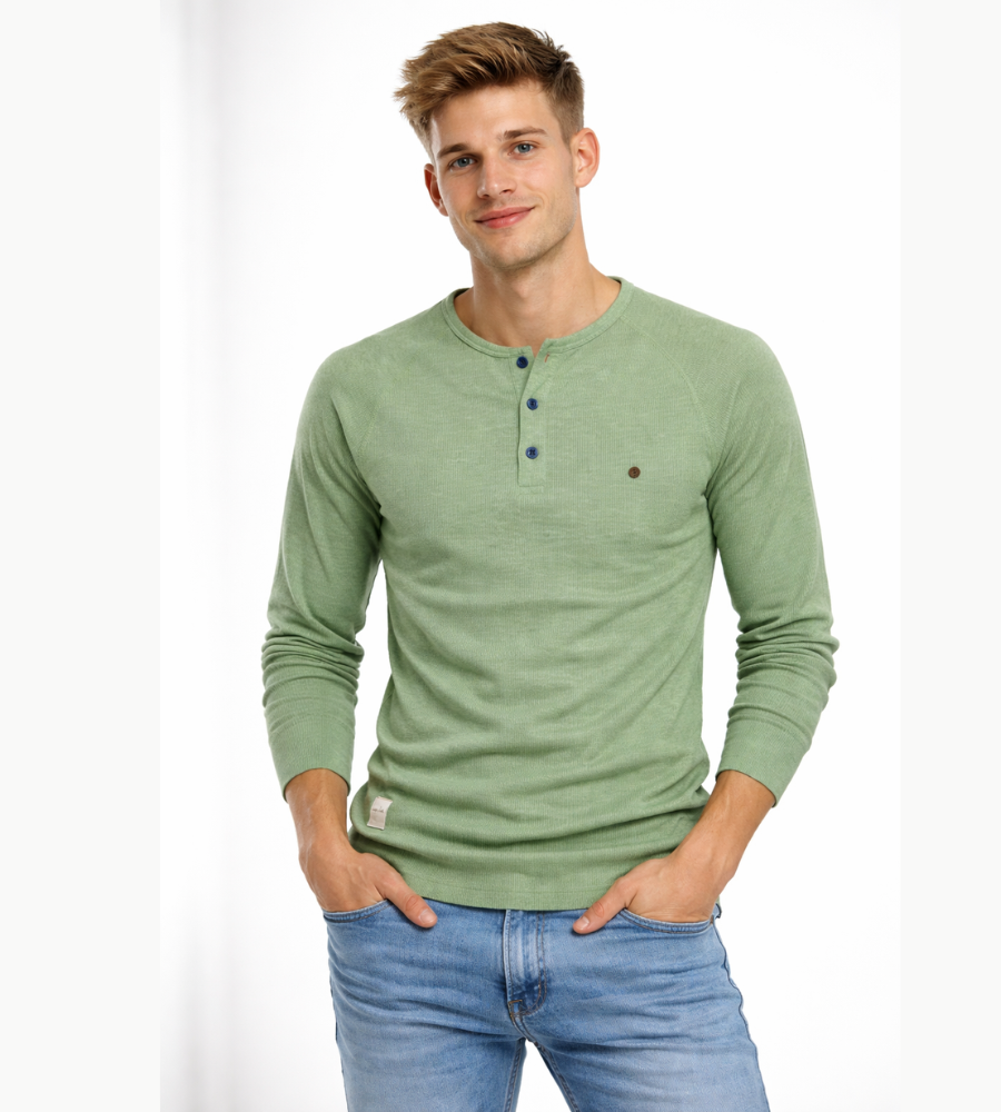 Camisola Henley de homem com mangas compridas, botões, casual e básica para streetwear