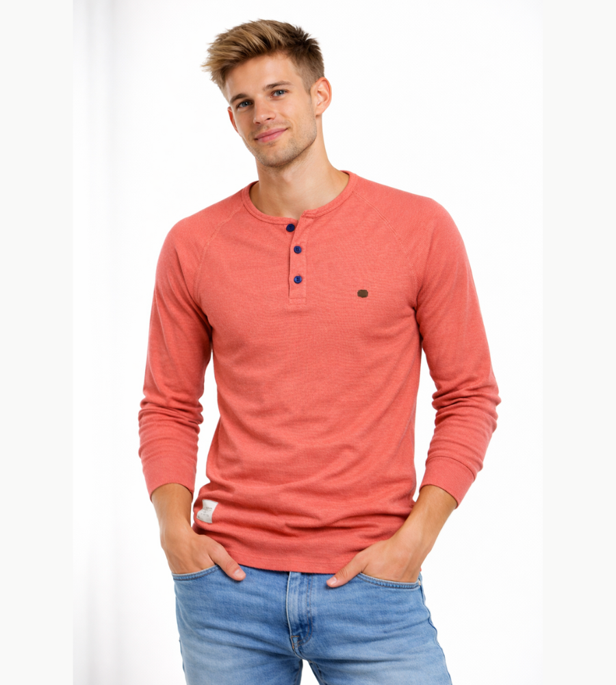 Camisola Henley de homem com mangas compridas, botões, casual e básica para streetwear
