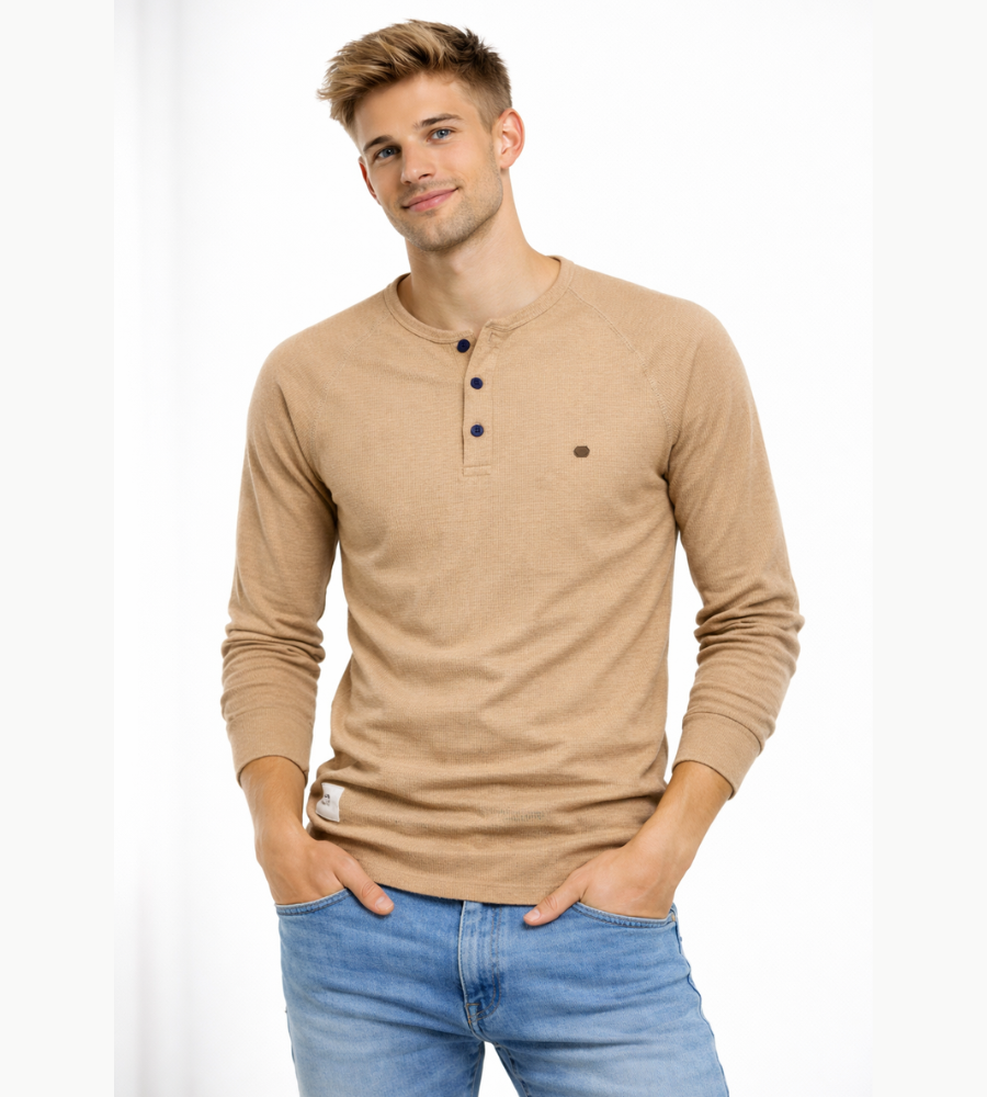 Camisola Henley de homem com mangas compridas, botões, casual e básica para streetwear