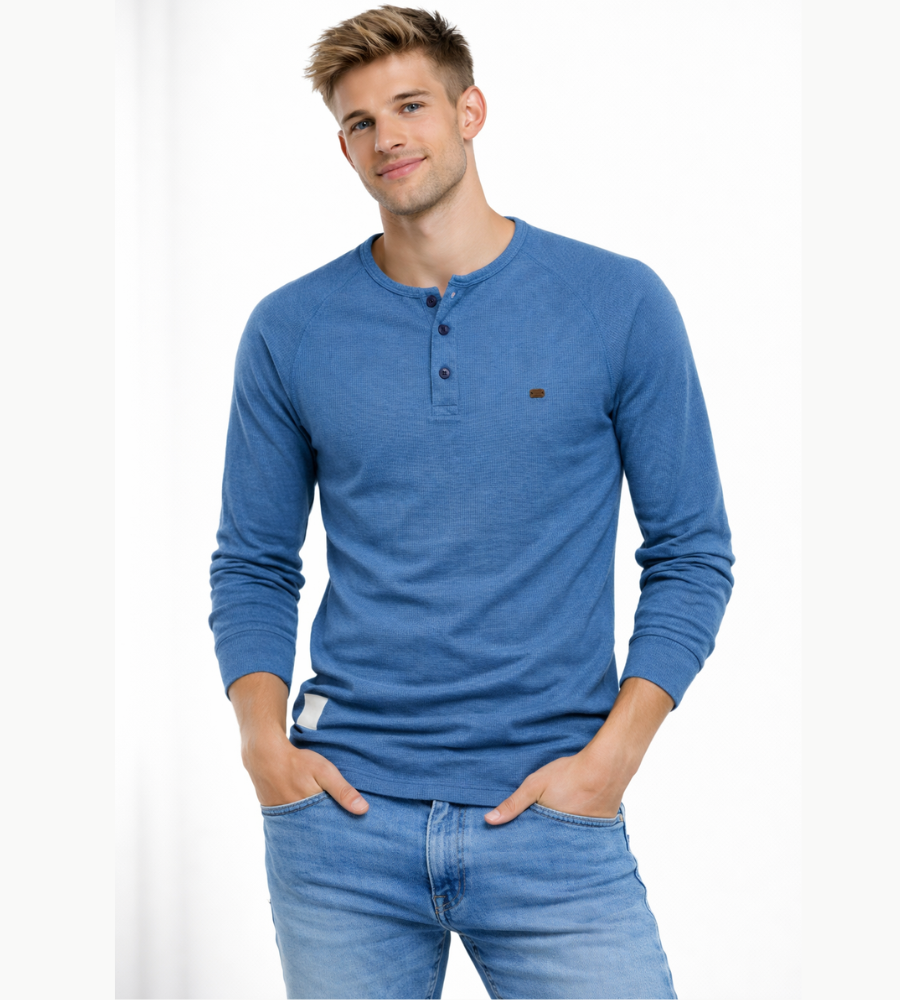 Camisola Henley de homem com mangas compridas, botões, casual e básica para streetwear