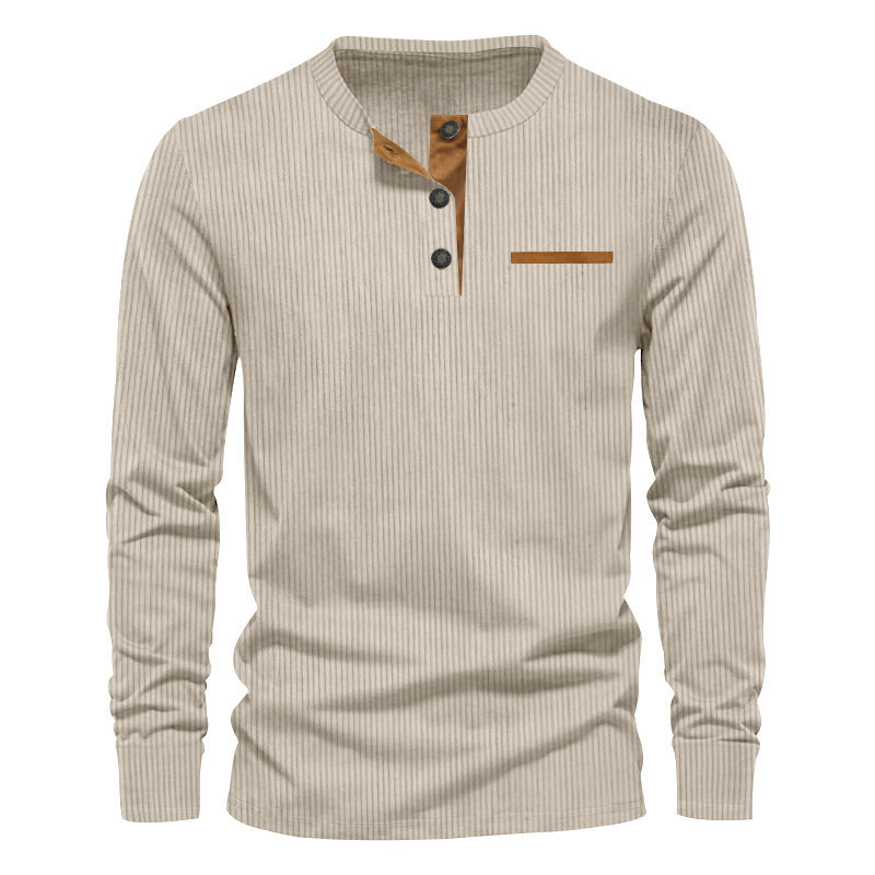 Heren Geribd Henley Shirt Met Lange Mouwen En Knoopsluiting