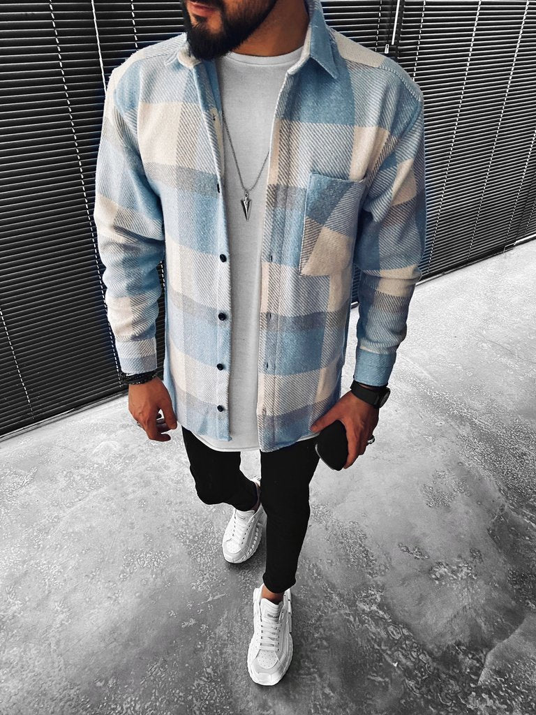 Warme Lichtblauw Geruit Flannel Overshirt voor Heren