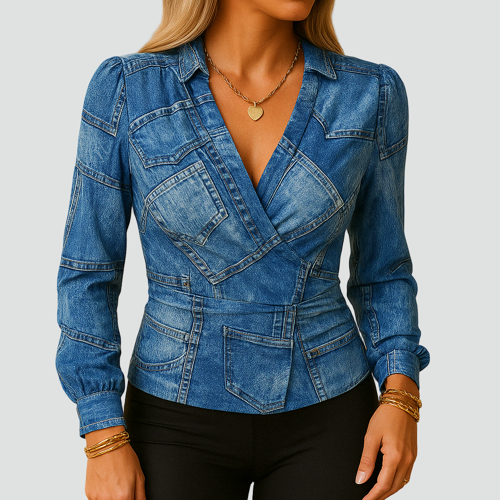 Elegante camicetta da donna con scollo a V e maniche lunghe