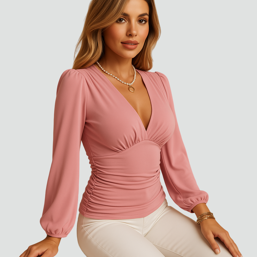 Elegante camicetta da donna con scollo a V e maniche lunghe