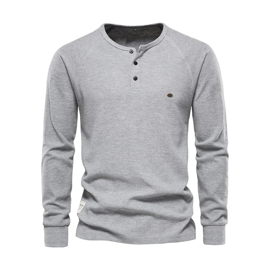 Camisola Henley de homem com mangas compridas, botões, casual e básica para streetwear