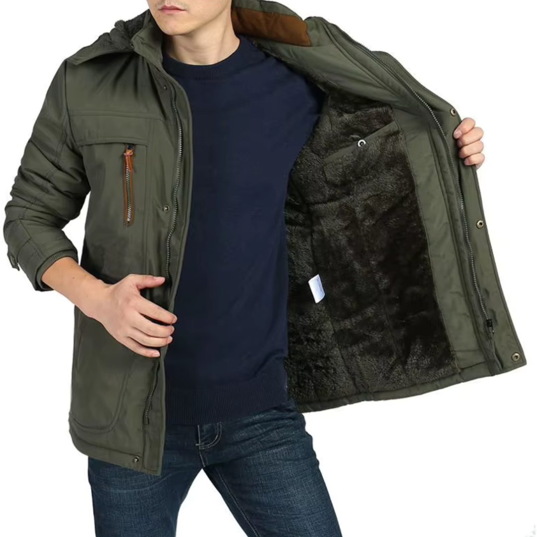 Casaco de inverno masculino grosso, forrado a polar, com capuz