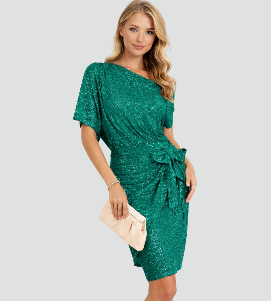 Glitzer-Cocktailkleid für Damen mit One-Shoulder-Ausschnitt und Taillenschleife