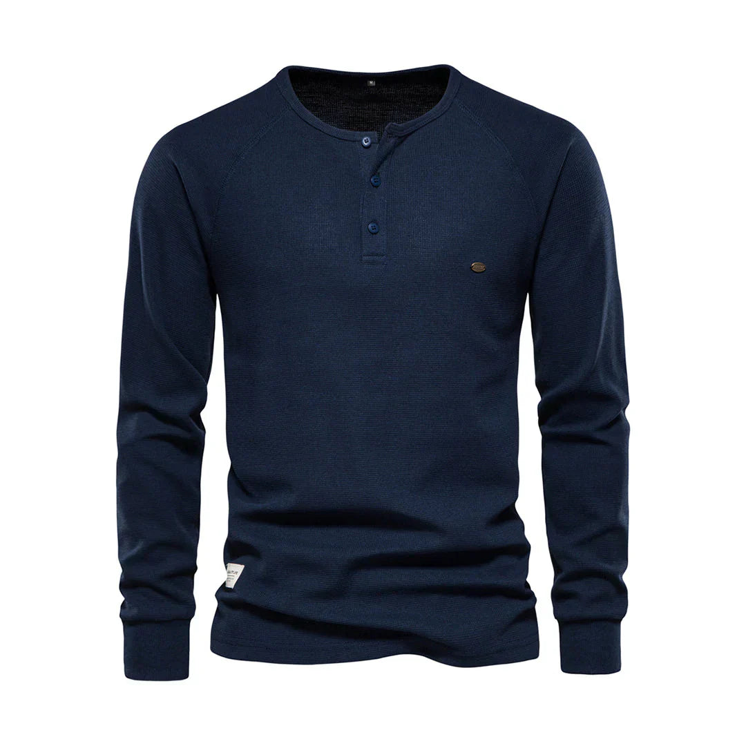 Camisola Henley de homem com mangas compridas, botões, casual e básica para streetwear