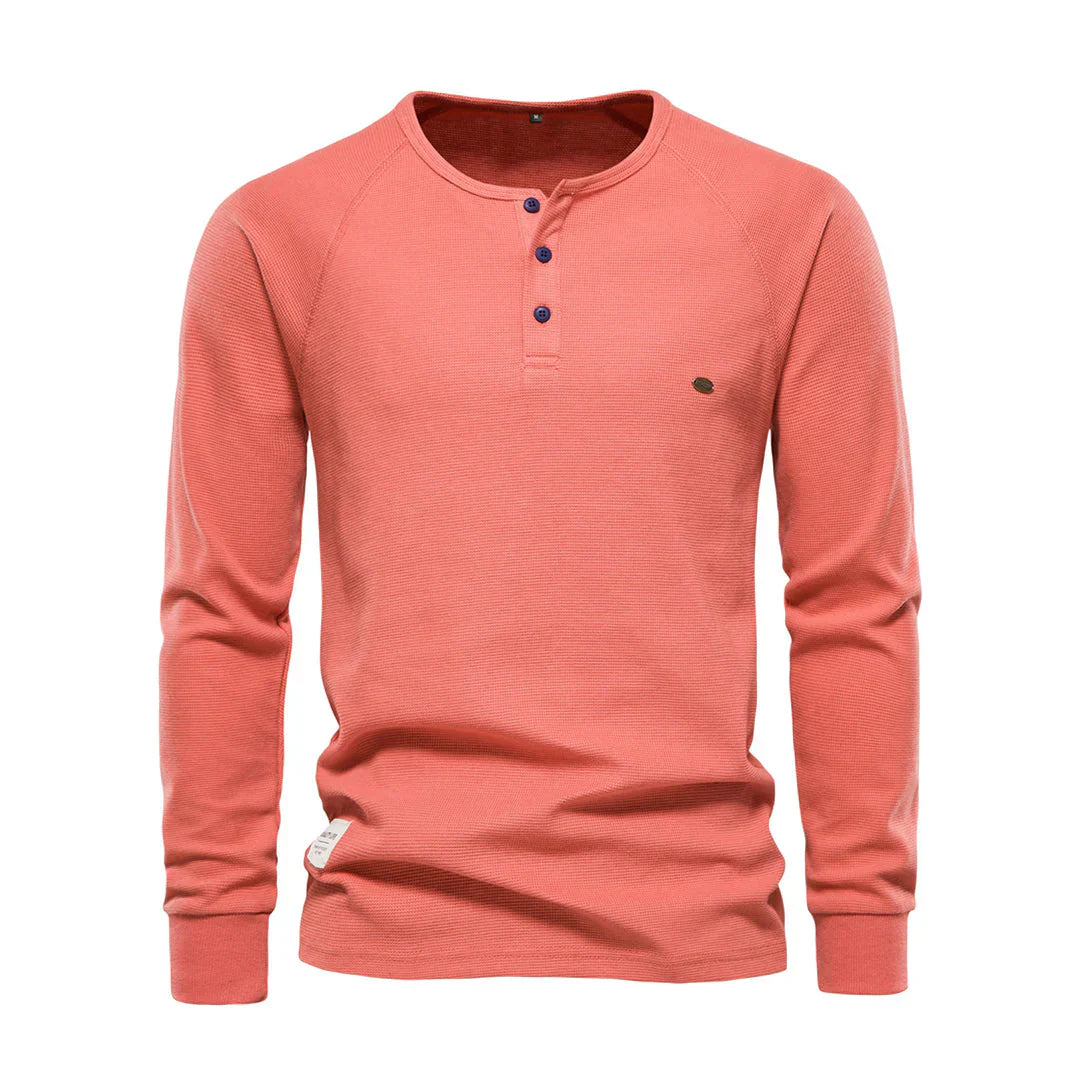 Camisola Henley de homem com mangas compridas, botões, casual e básica para streetwear