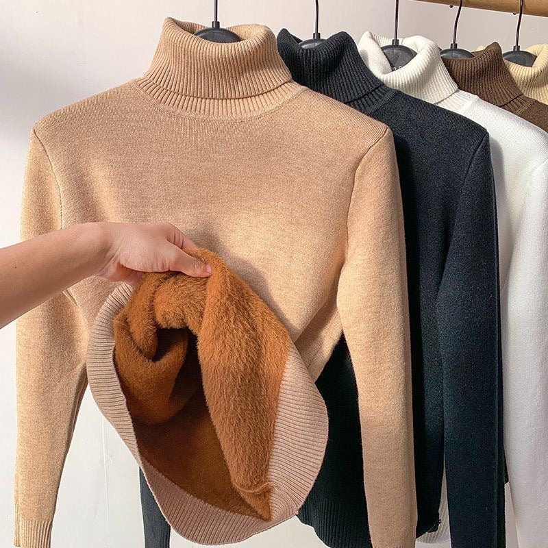 Jersey de punto fino para mujer con cuello alto y ribetes elásticos