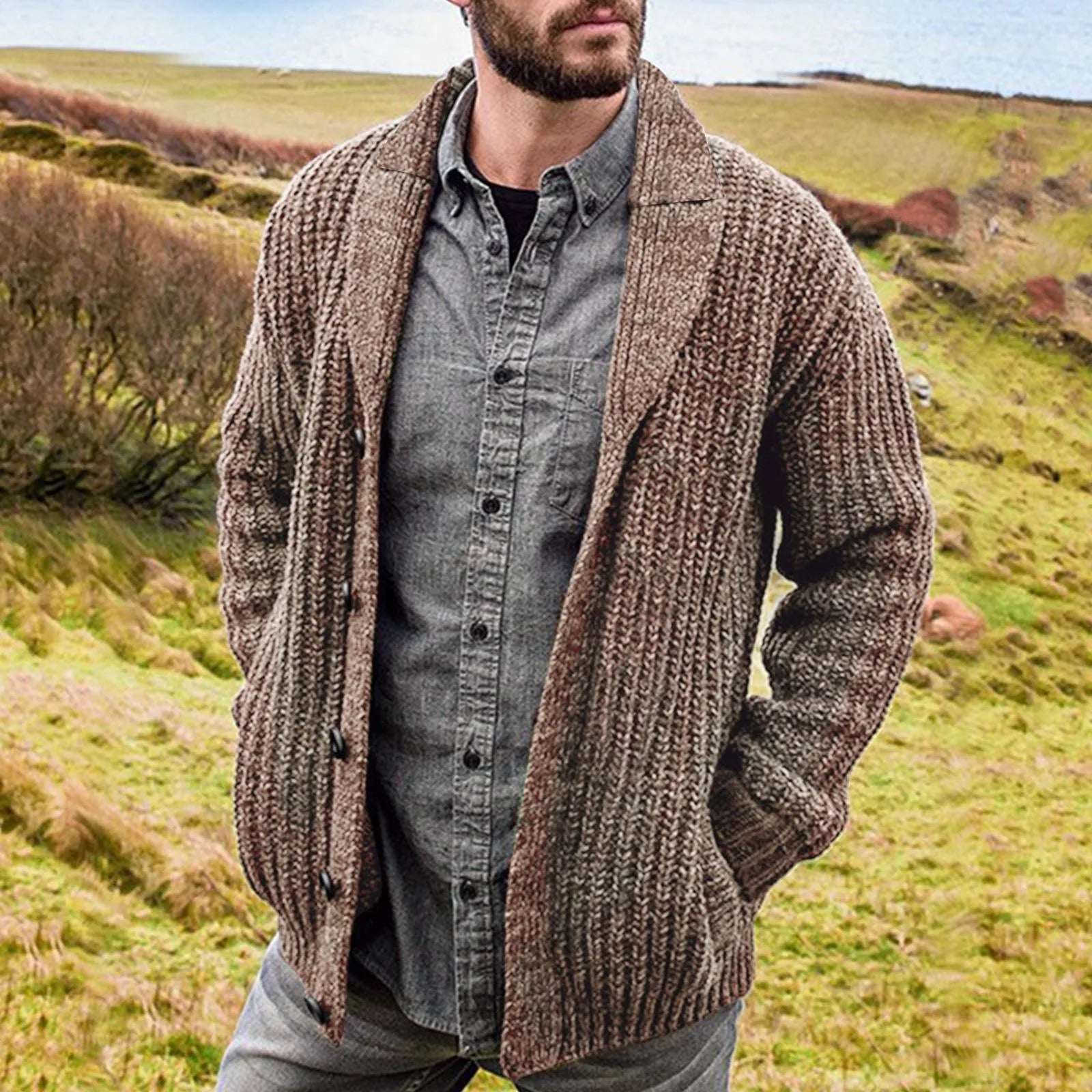 Cardigan homme robuste en maille avec col châle et boutons
