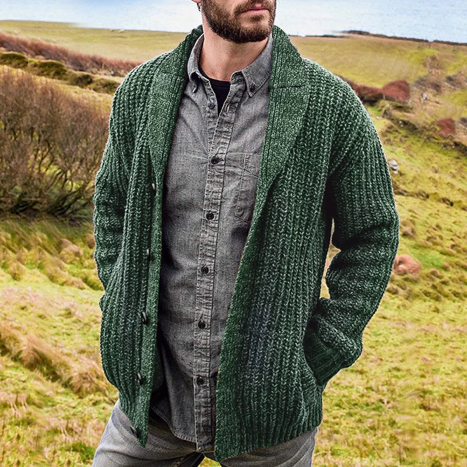 Cardigan homme robuste en maille avec col châle et boutons