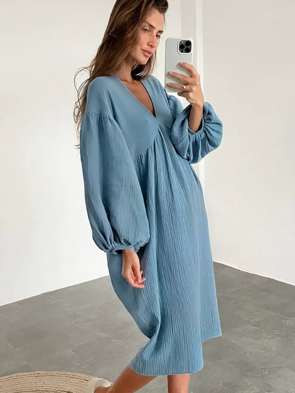 Nuisette midi avec col en V et manches bouffantes pour femme
