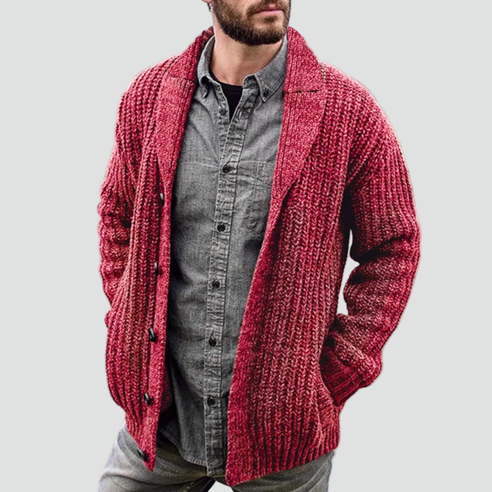 Cardigan homme robuste en maille avec col châle et boutons