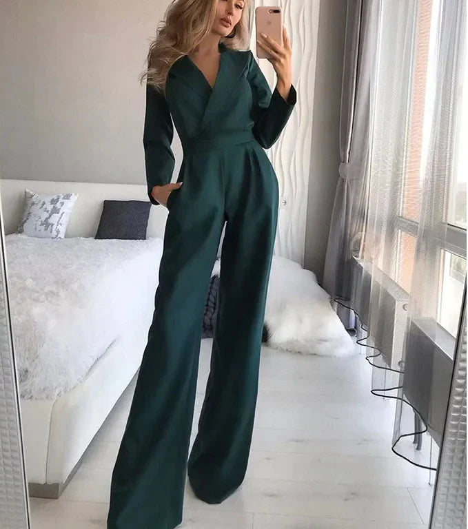 Elegante jumpsuit lungo da donna con colletto a revers