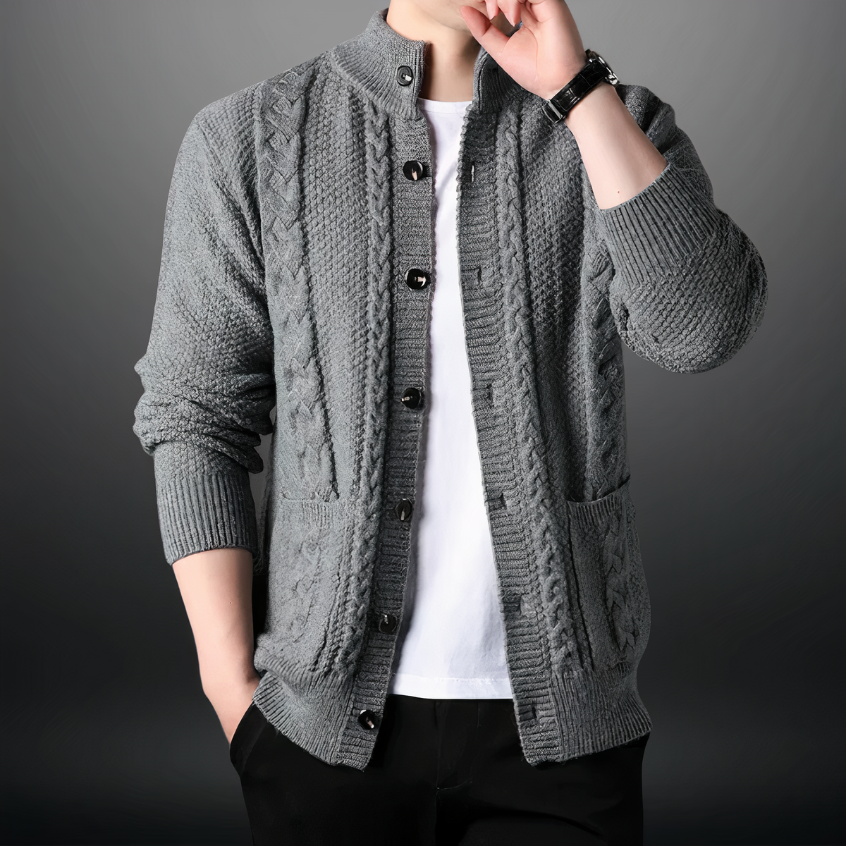 Cárdigan de hombre con diseño de ochos y cuello alto