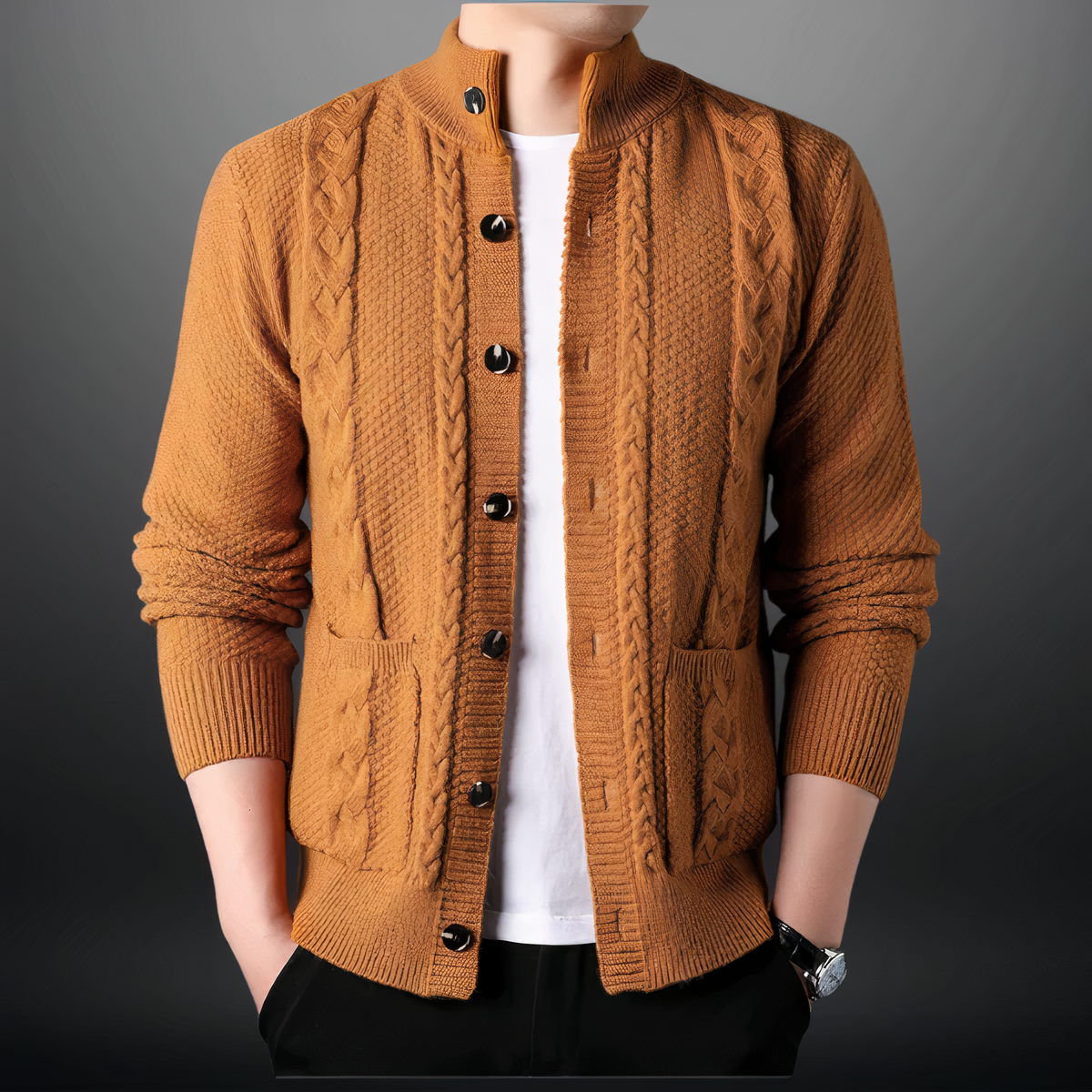 Cárdigan de hombre con diseño de ochos y cuello alto