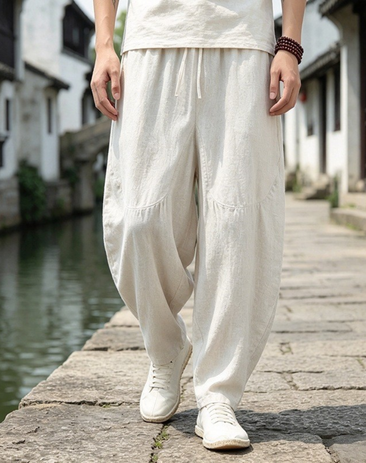Men's Linen Pants Wide Fit Elastic Waist Pockets