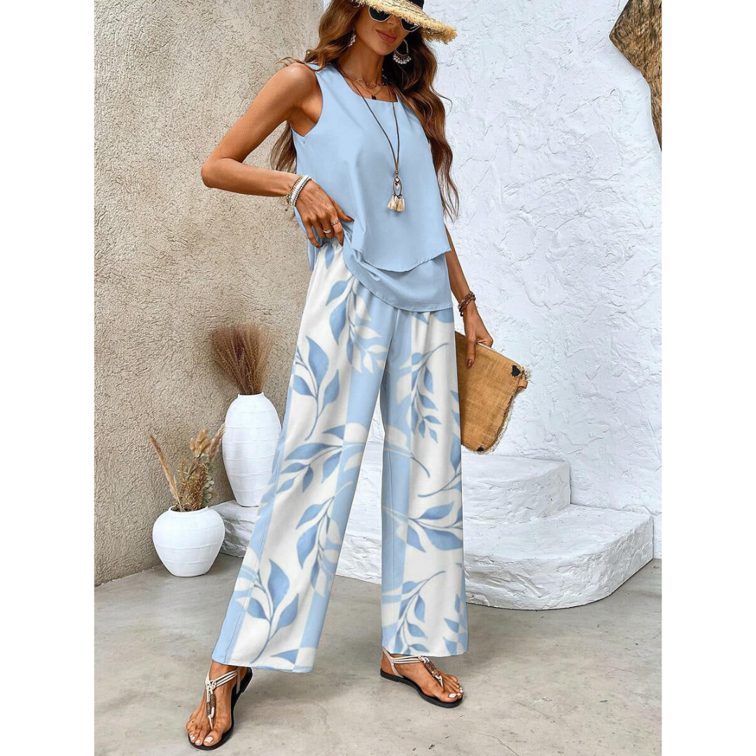Conjunto coordinado para mujer con top en capas y pantalón ancho