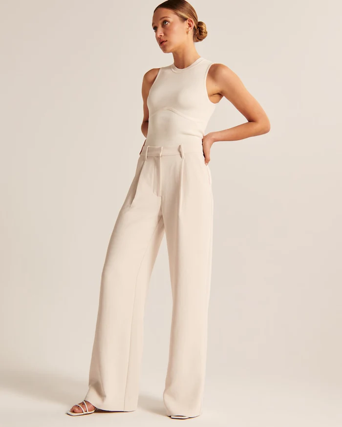 Calças ajustadas para senhora, corte regular, pernas largas, casual, primavera