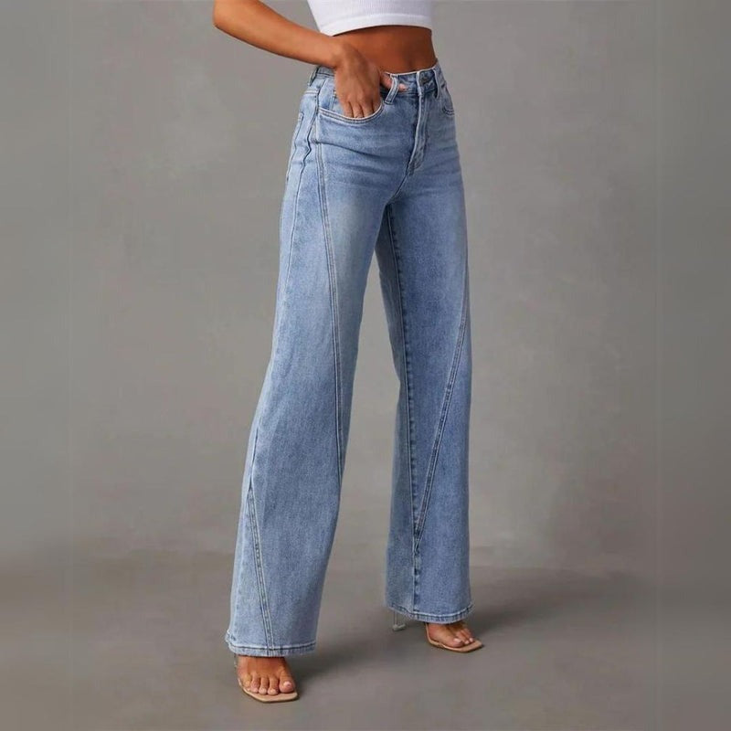 Jeans de pernas largas para senhora com cintura alta e corte ajustado