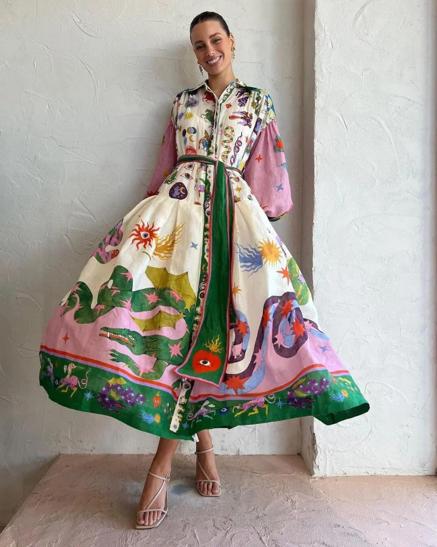 Vestido largo con estampado vintage y cuello tipo polo para mujer