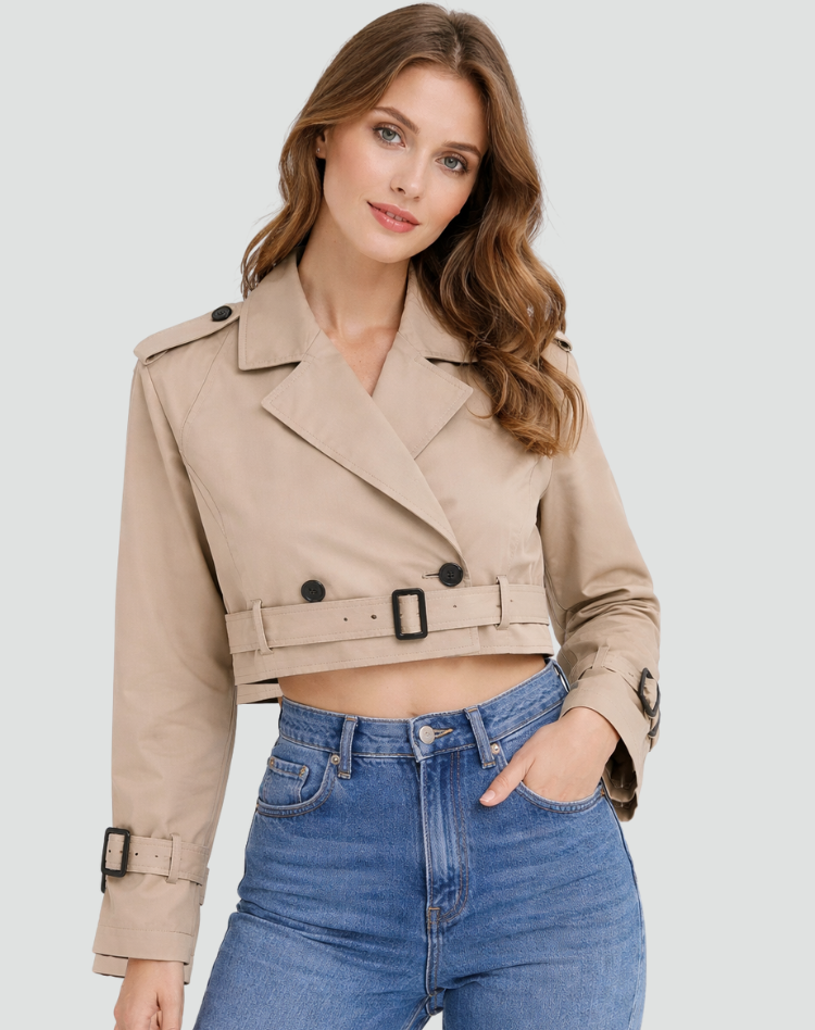 Trench coat para senhora, corte regular, algodão, corte curto