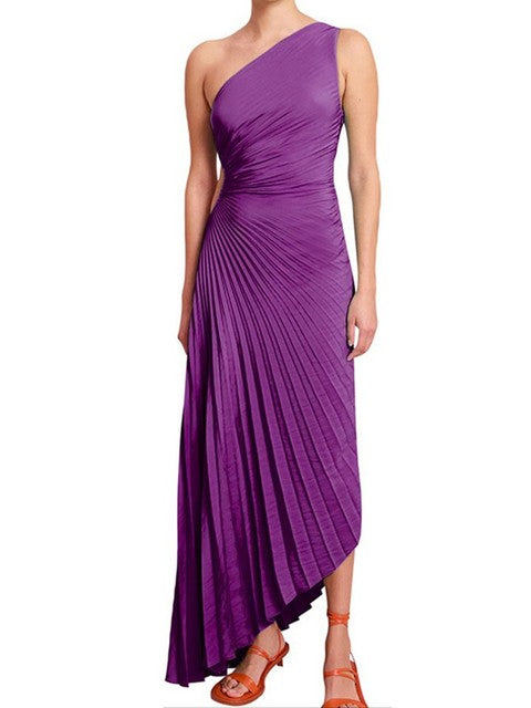 Vestido de noche para mujer, plisado, un hombro, formal